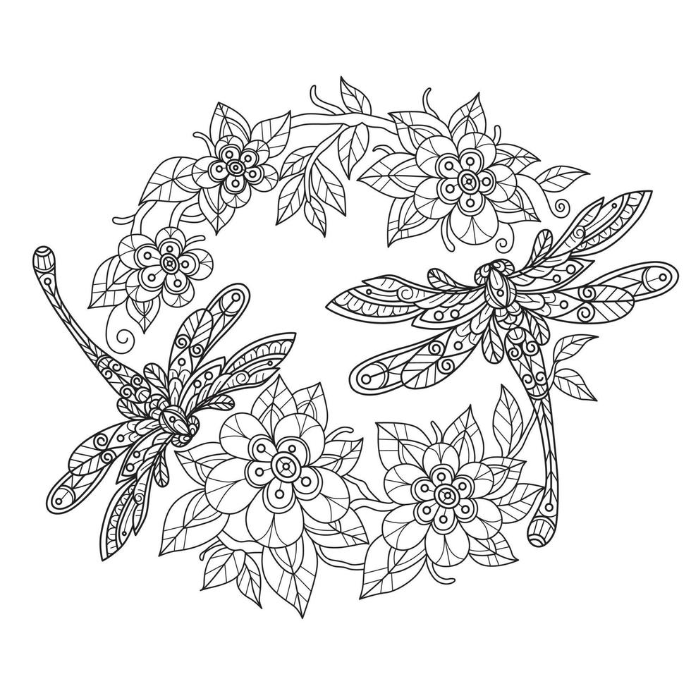 Flowers and dragonfly hand drawn for adult coloring book vector