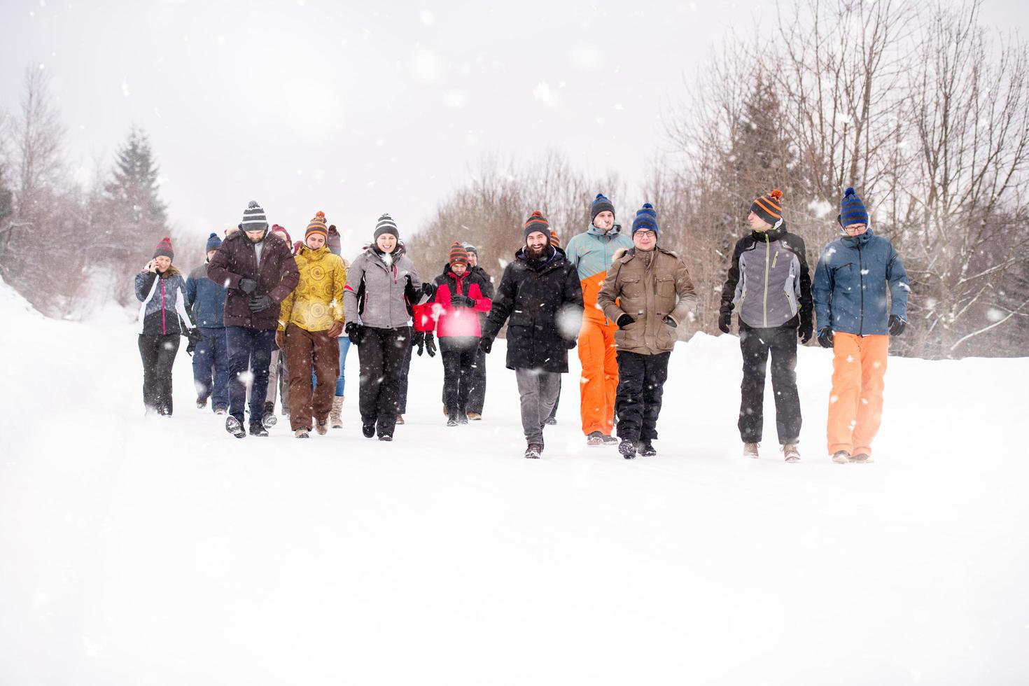 grupo de jóvenes caminando por un hermoso paisaje invernal foto