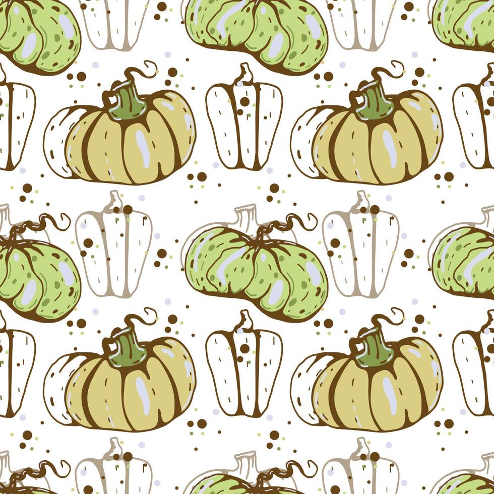 Autumn seamless vector pattern with pumpkins and fall leaves. Hand drawn illustration.