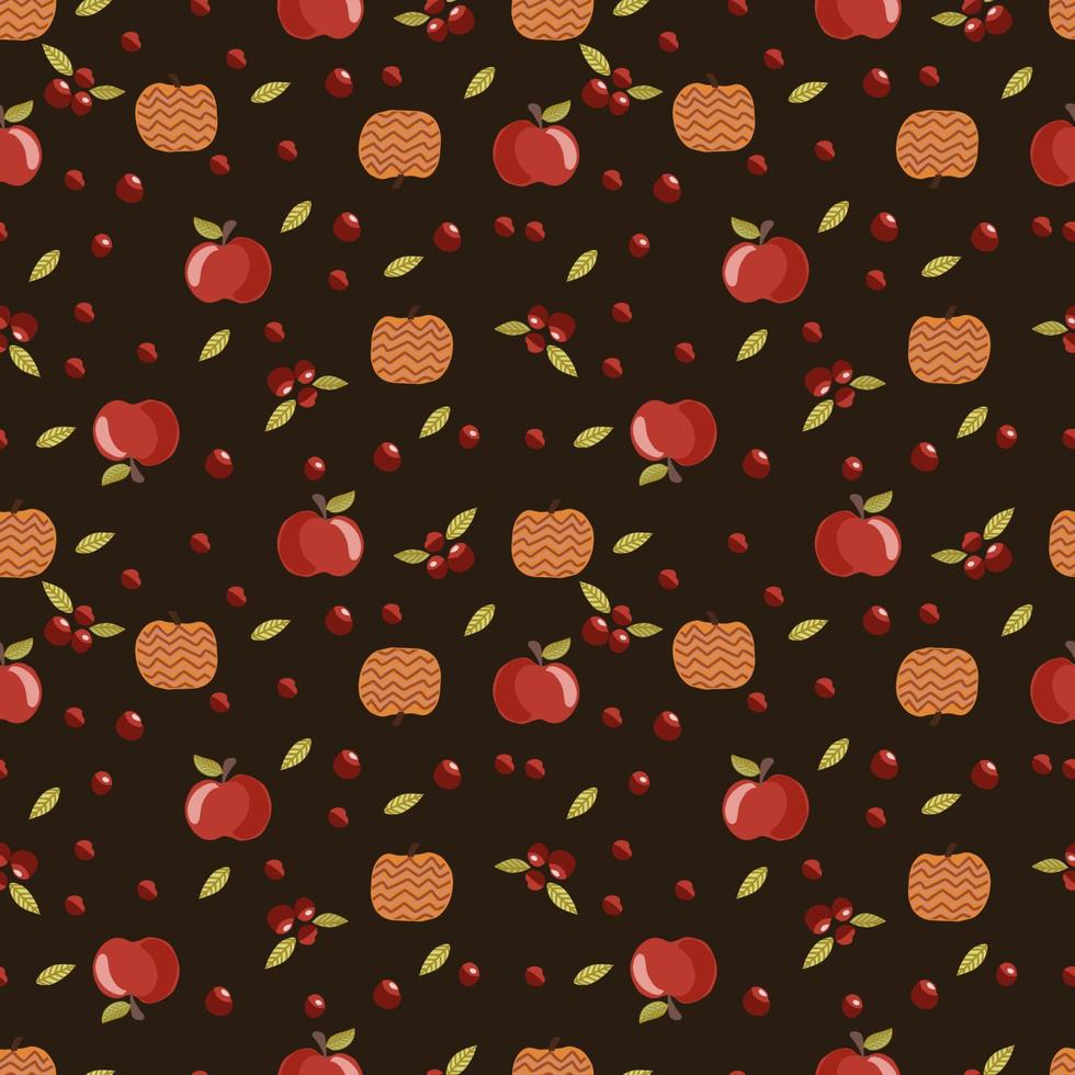 Autumn seamless vector pattern with pumpkins and fall leaves. Hand drawn illustration.