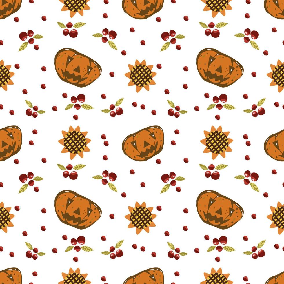 Autumn seamless vector pattern with pumpkins and fall leaves. Hand drawn illustration.