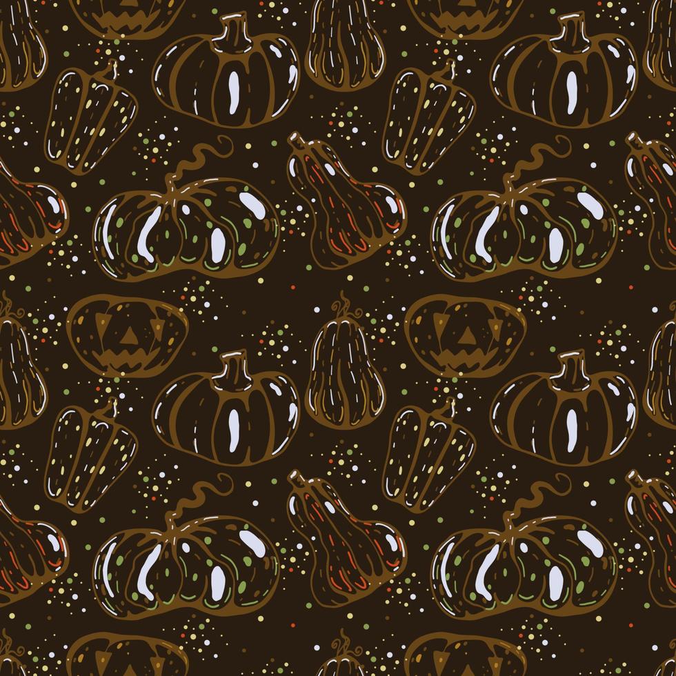 Autumn seamless vector pattern with pumpkins and fall leaves. Hand drawn illustration.