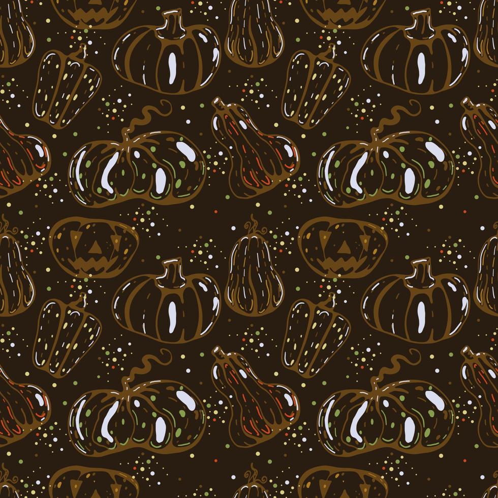 Autumn seamless vector pattern with pumpkins and fall leaves. Hand drawn illustration.