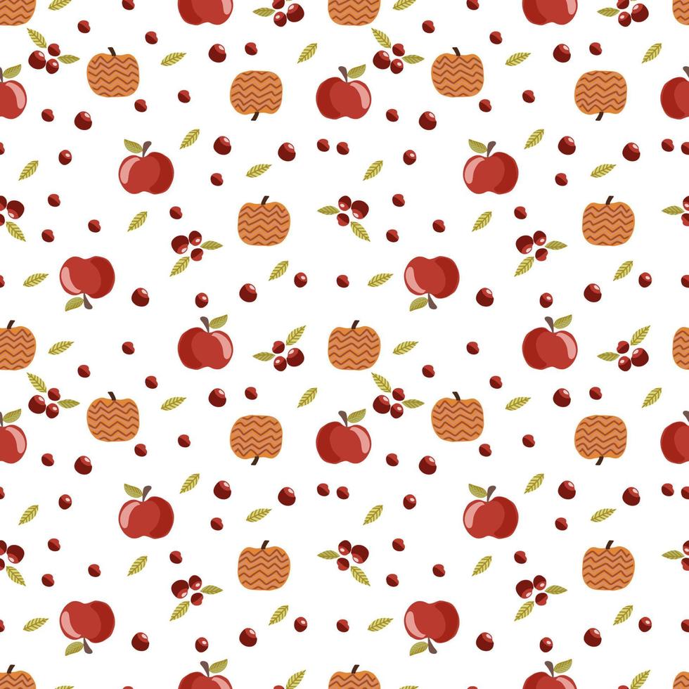 Autumn seamless vector pattern with pumpkins and fall leaves. Hand drawn illustration.