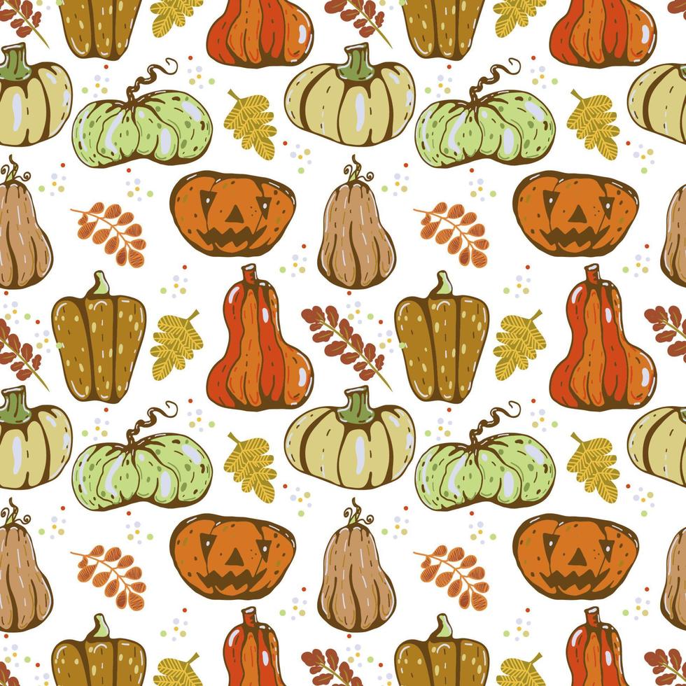 Autumn seamless vector pattern with pumpkins and fall leaves. Hand drawn illustration.