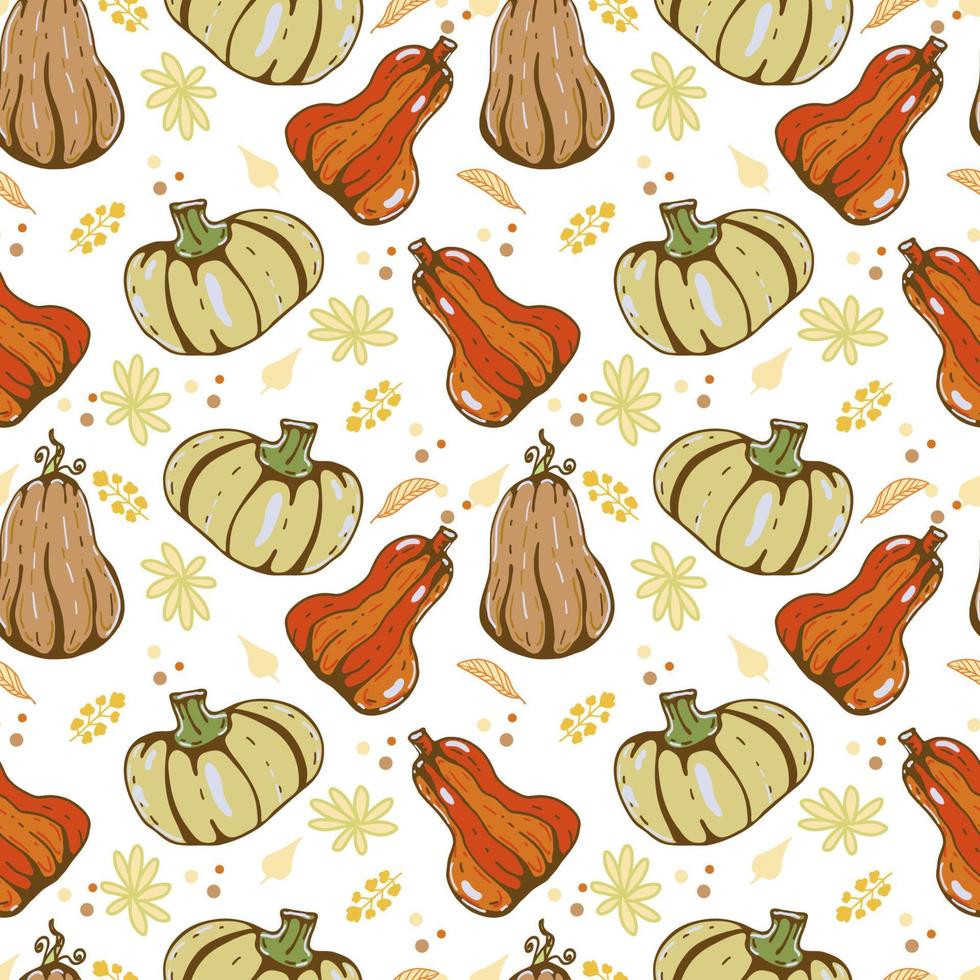 Autumn seamless vector pattern with pumpkins and fall leaves. Hand drawn illustration.