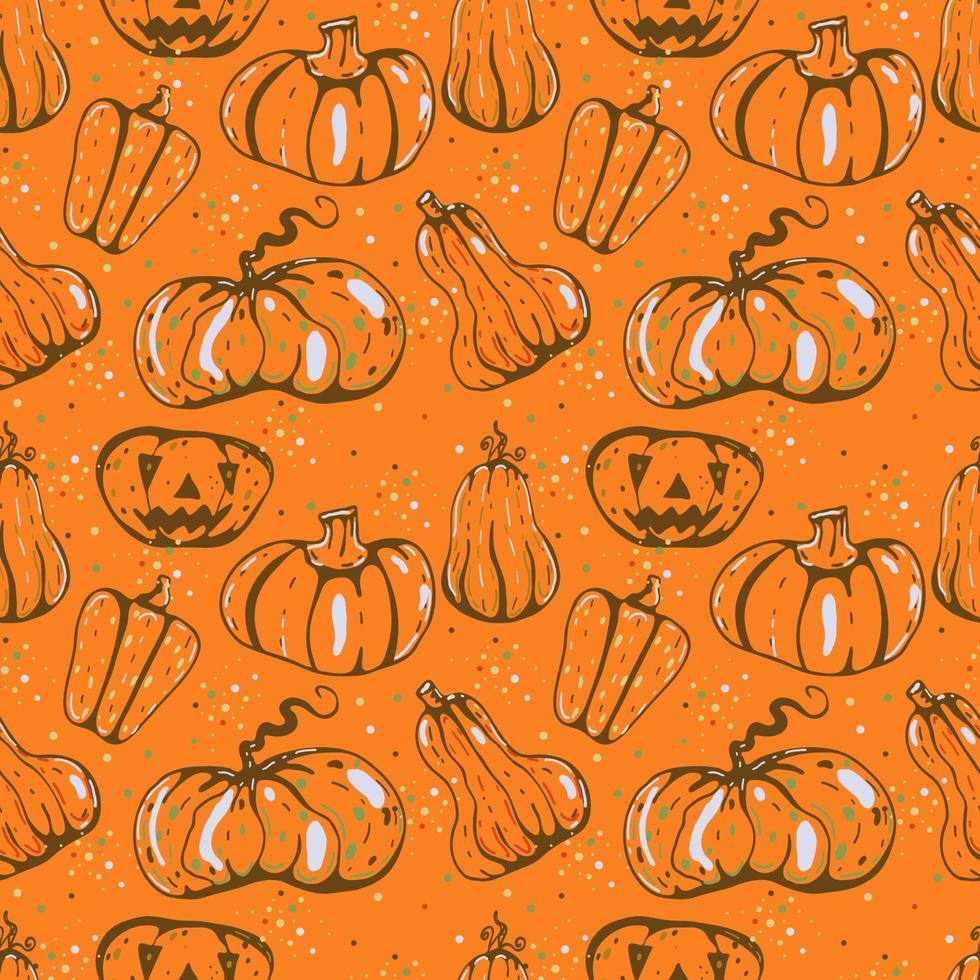 patrón de vector transparente de otoño con calabazas y hojas de otoño. ilustración dibujada a mano.