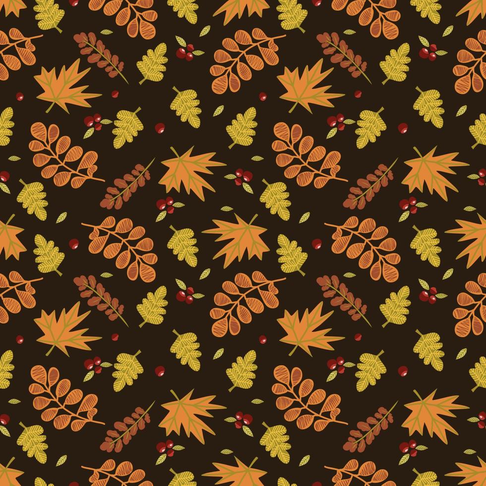 Autumn seamless vector pattern with pumpkins and fall leaves. Hand drawn illustration.