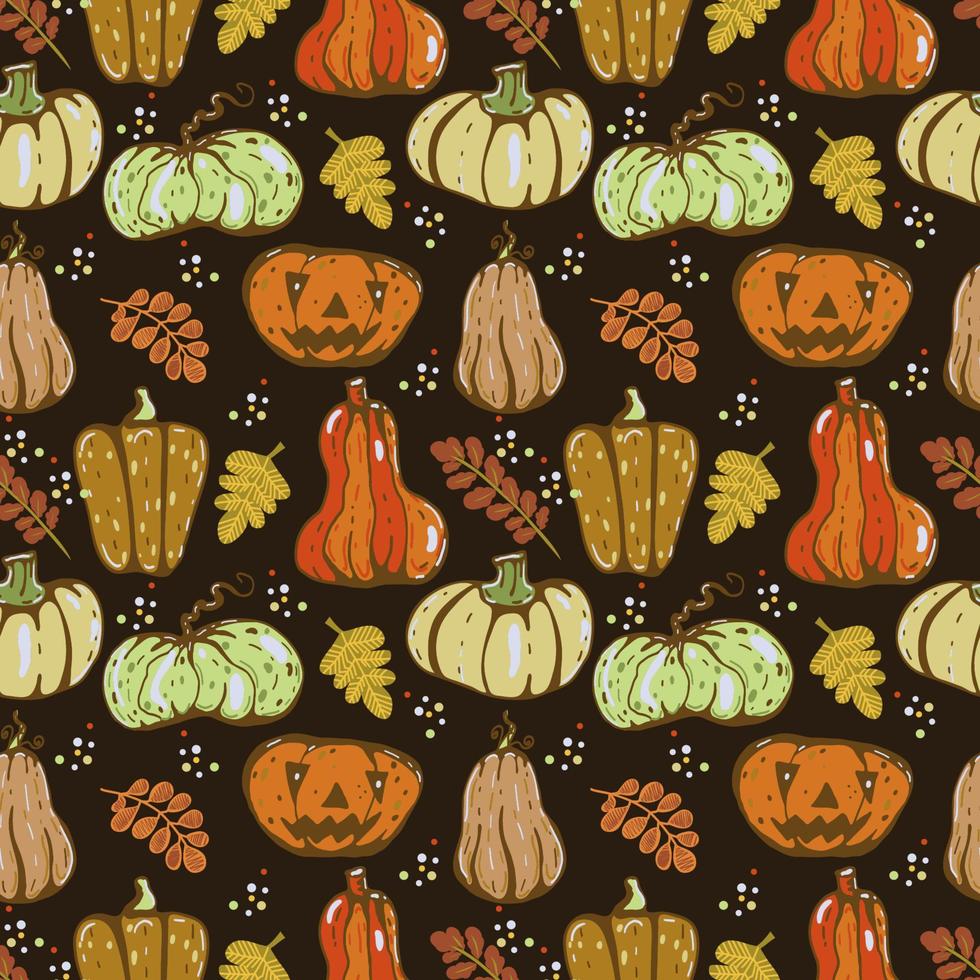 Autumn seamless vector pattern with pumpkins and fall leaves. Hand drawn illustration.