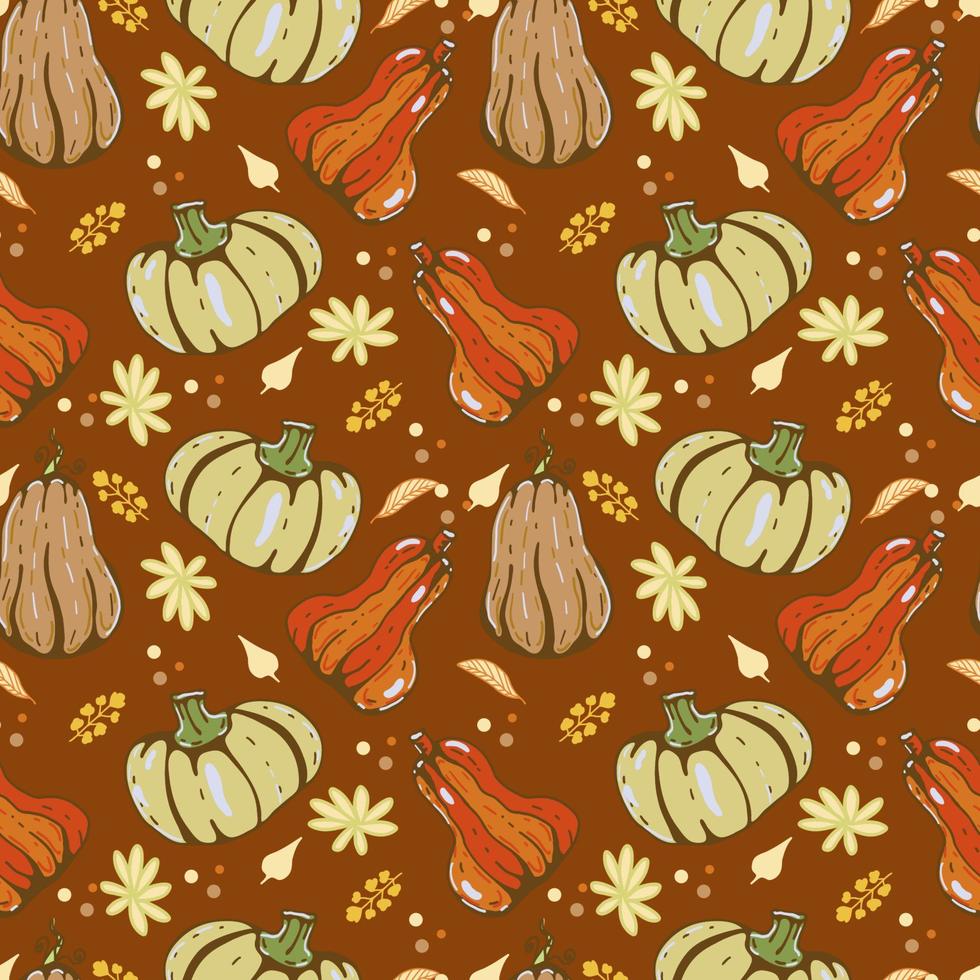 Autumn seamless vector pattern with pumpkins and fall leaves. Hand drawn illustration.