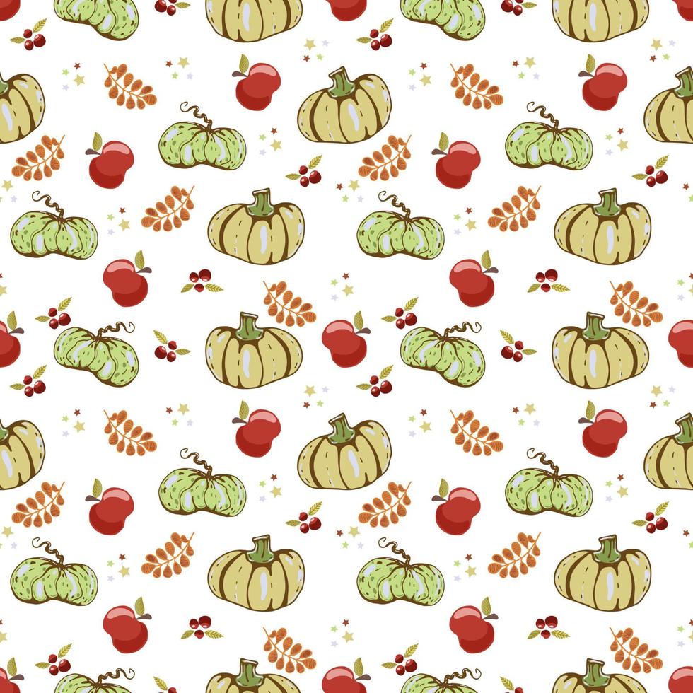 Autumn seamless vector pattern with pumpkins and fall leaves. Hand drawn illustration.