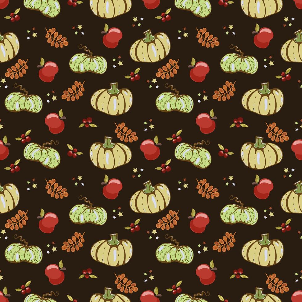 Autumn seamless vector pattern with pumpkins and fall leaves. Hand drawn illustration.