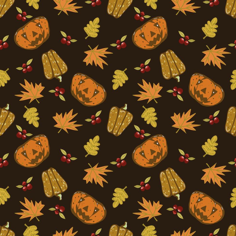 patrón de vector transparente de otoño con calabazas y hojas de otoño. ilustración dibujada a mano.