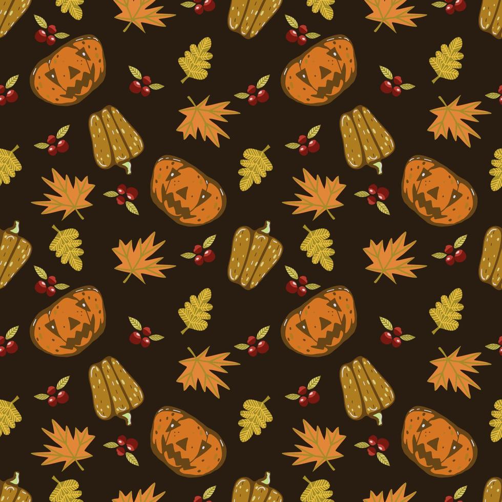 Autumn seamless vector pattern with pumpkins and fall leaves. Hand drawn illustration.