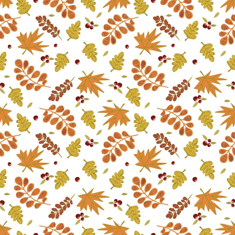 patrón de vector transparente de otoño con calabazas y hojas de otoño. ilustración dibujada a mano.