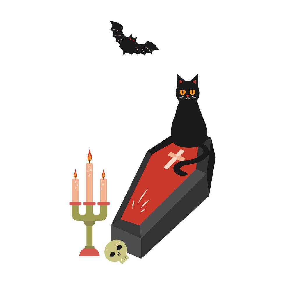 Black cat sitting on coffin illustration for Halloween. vector illustration