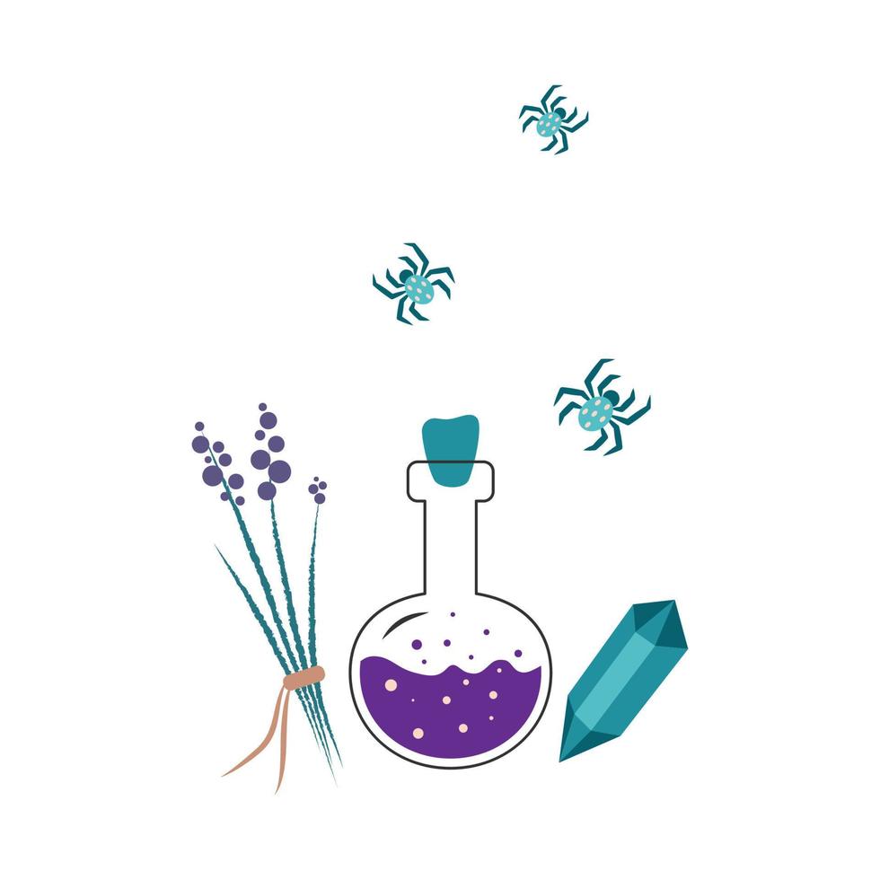 Flask with magic potion next to lavender, crystal and spiders. halloween vector illustration
