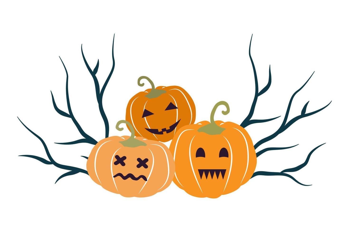 Three pumpkins on the background of creepy branches. vector illustration