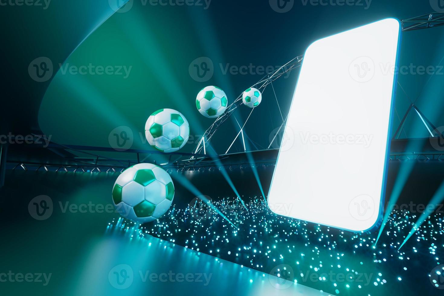 football balls object, sport ball design, football element concept, 3d illustration, abstract football technology, 3d realistic render, green grass field , online sport live, casino sport business photo