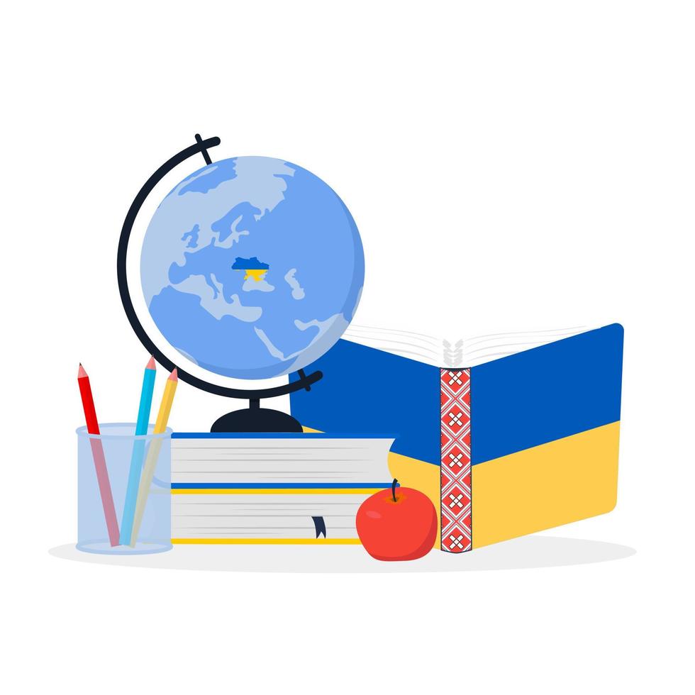 Distance Online learning Ukraine. Map of Ukraine highlighted by the colors of the national flag on the globe on a stack of books. Ukraine education concept. Vector illustration