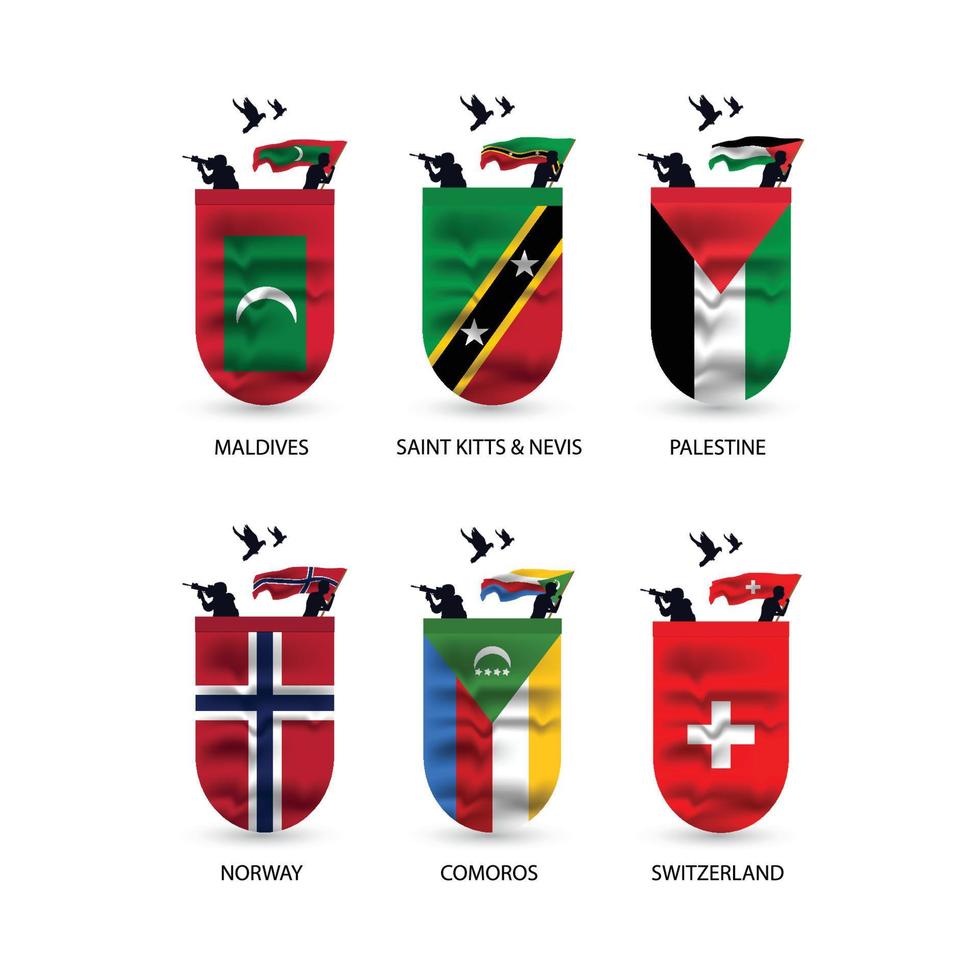 colección de banderas de maldivas, san cristóbal y nieves, palestina, noruega, comoras, suiza vector