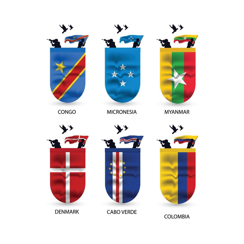 Flags collection of Congo, Micronesia, Myanmar, Denmark, Cabo Verde, Colombia vector