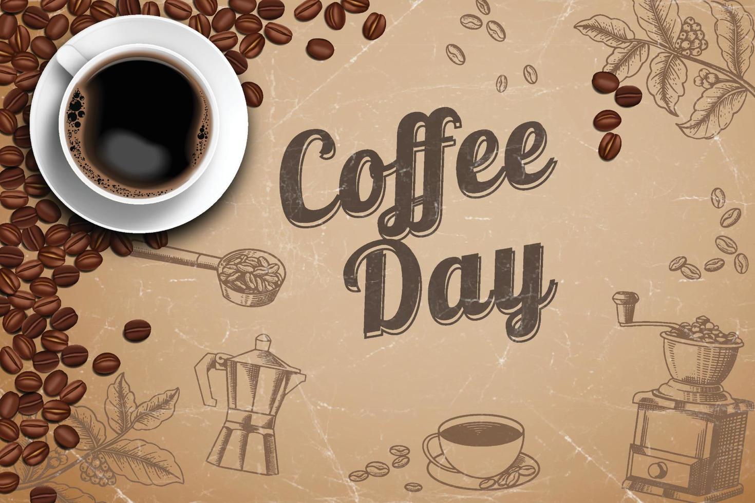 Black coffee ads with retro style illustration realistic 3D in top view with brown and doodle coffee ornament background. vector