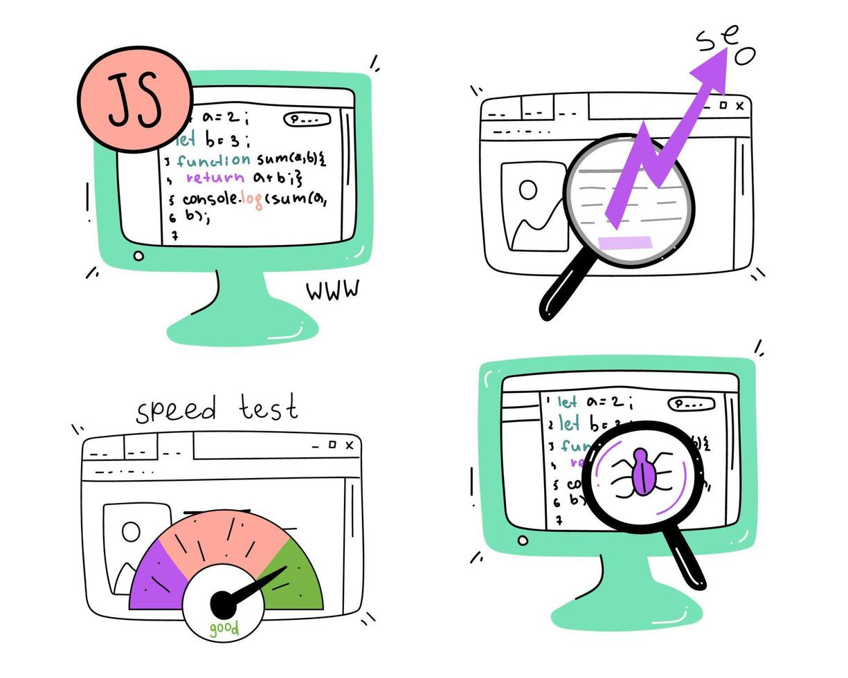 A set of illustrations on information technology. Web development, java script programming, website testing, website performance and seo vector