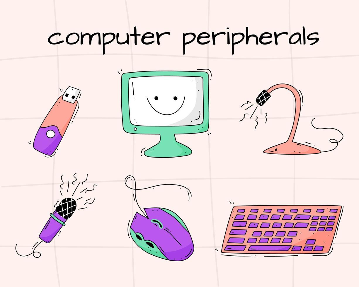 A set of illustrations of computer peripherals. Monitor, keyboard, microphone, mouse, flash drive in '90s and '80s style on checkered background vector