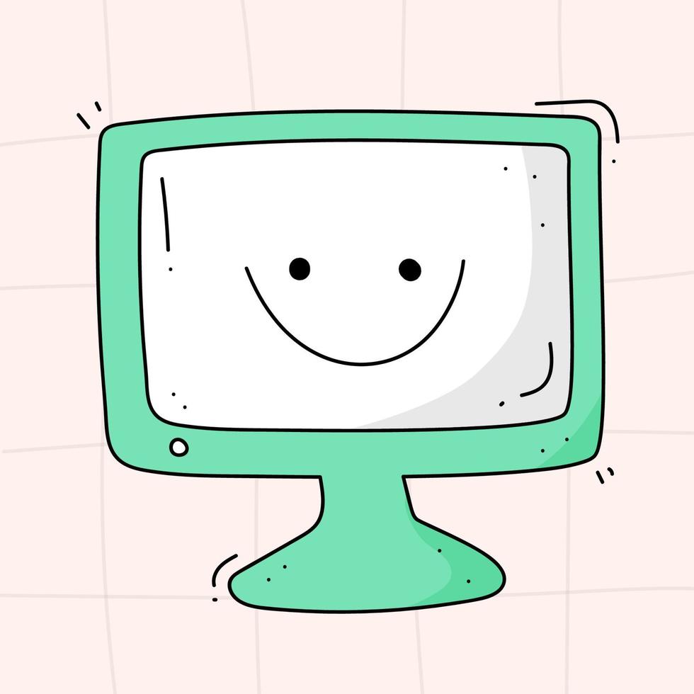 Hand drawn illustration of a computer with a smile in the style of 90's 80's on a checkered background vector