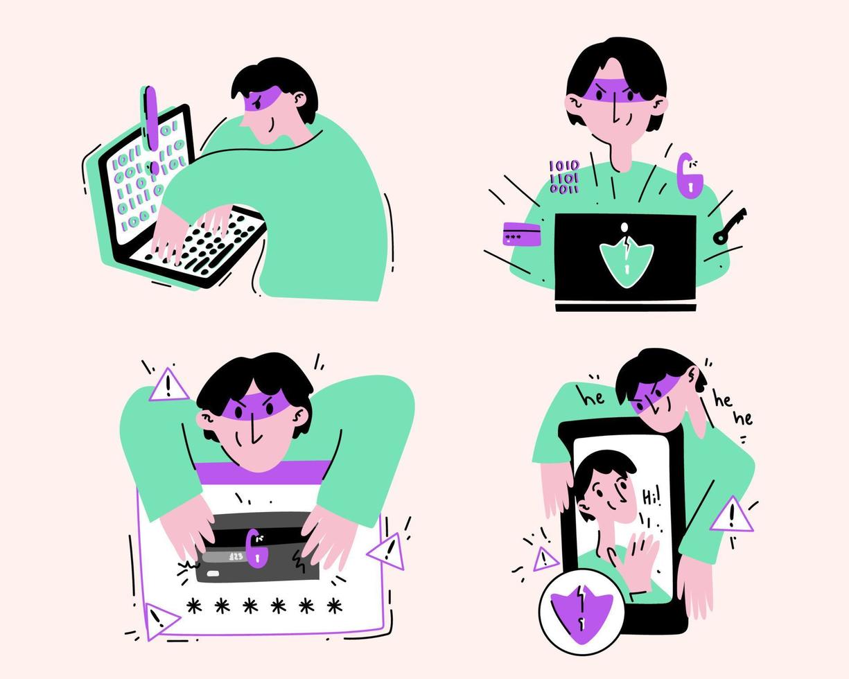 A set of illustrations on the subject of fraud on the Internet. App hacking, data theft, and dating scams vector