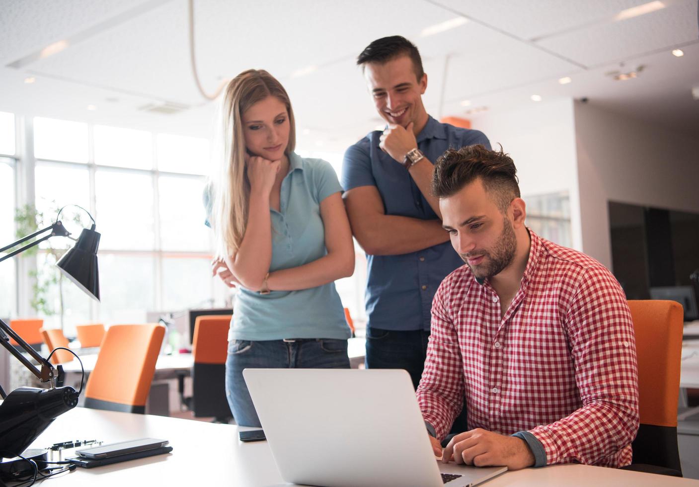 Group of young people employee workers with computer photo
