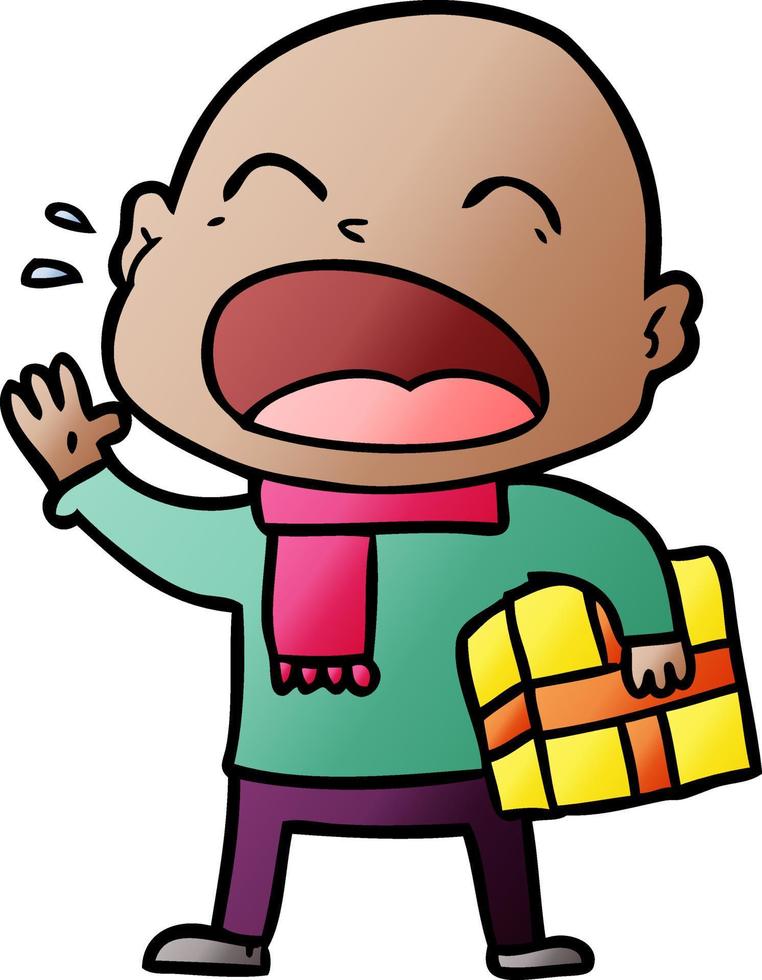 cartoon shouting bald man with present vector