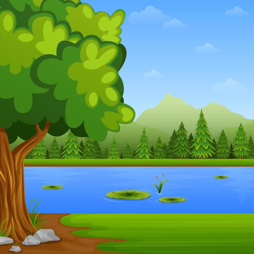 Green landscape with pine trees and lake vector