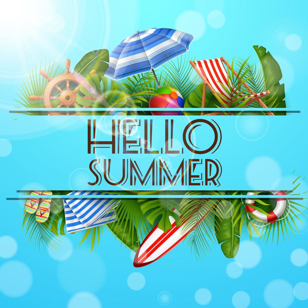 Hello Summer with leaves tropical in hole. banner, poster Summer background vector