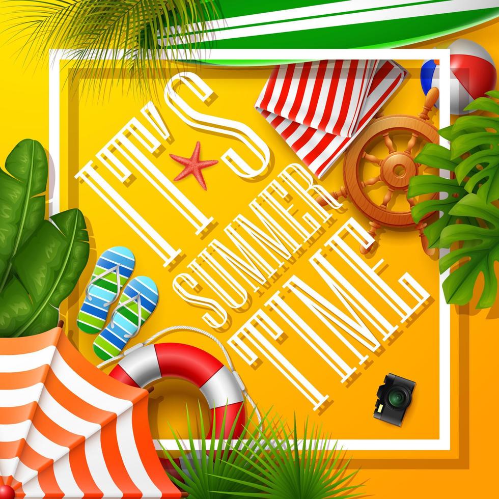 es verano banner y hojas tropicales con marco sobre fondo naranja vector