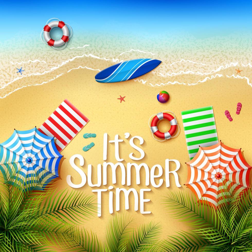 Es verano. vista de las cosas en la playa: sombrillas, toallas, tablas de surf, pelota, aro salvavidas, zapatillas y estrellas de mar en un día soleado de verano vector