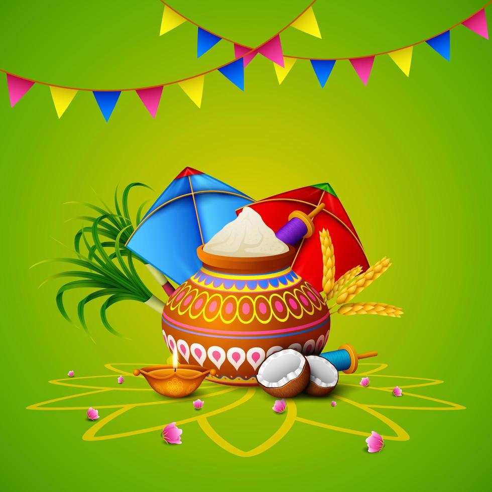 Makar sankranti greeting card with colorful kites vector