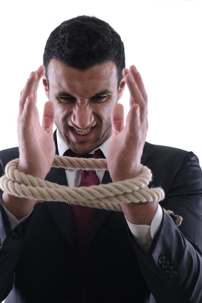 business man with rope isolated on white background photo