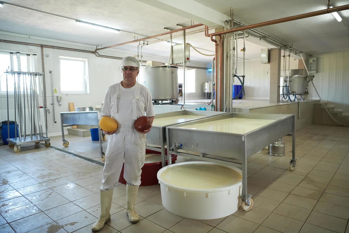 Cheese production cheesemaker  working in factory photo