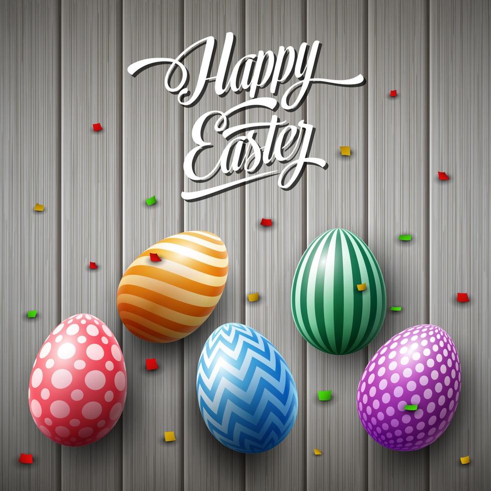 Happy Easter egg with confetti on a wooden brown background vector