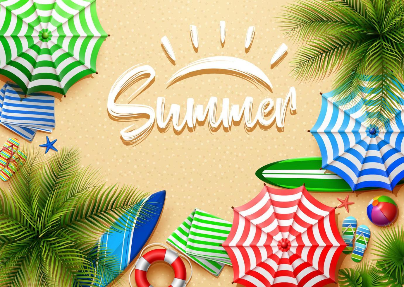 Hello summer time holiday banner. Top view of tropical leaves and beach element collections on sand background vector