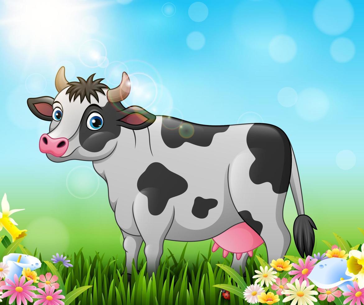 vaca de dibujos animados con fondo de naturaleza vector