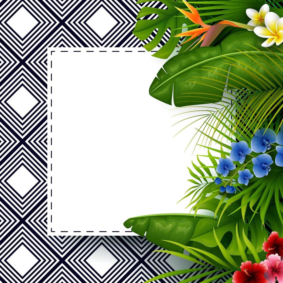 Green summer with tropical leaves and flowers vector