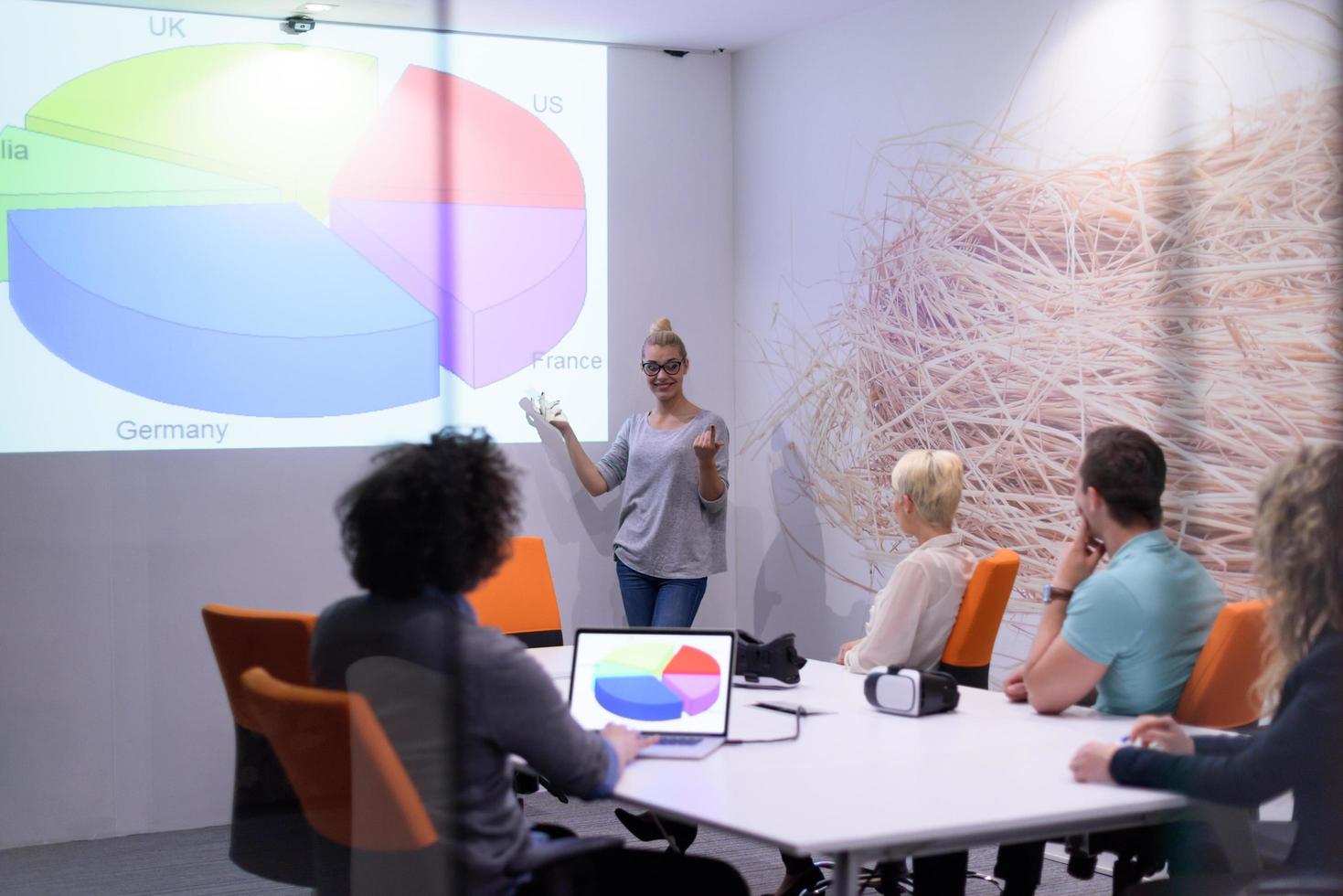 Startup Business Team At A Meeting at modern night office building photo