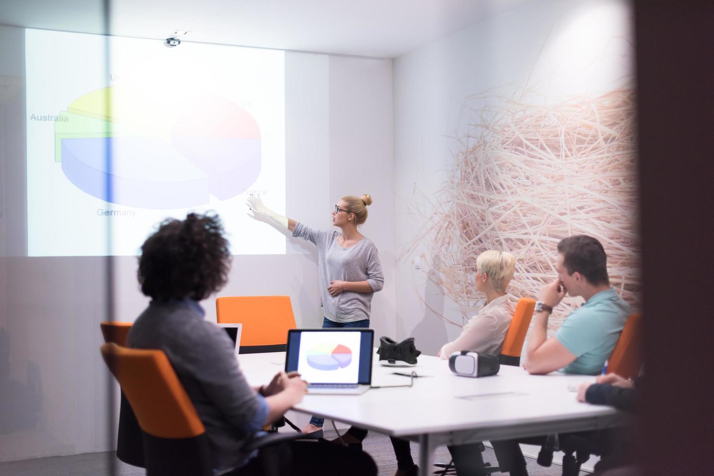 Startup Business Team At A Meeting at modern night office building photo