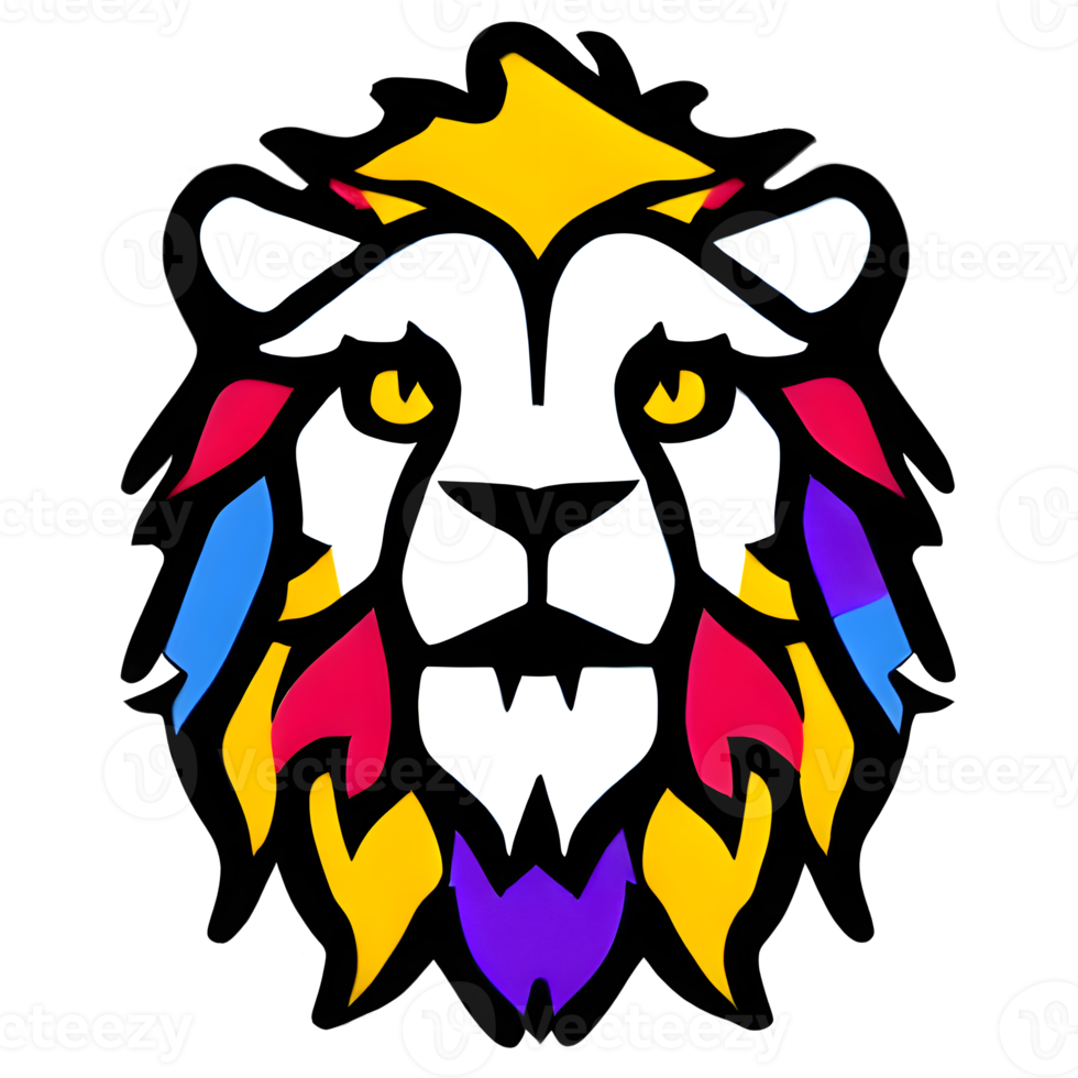 logotipo de cabeza de leones coloridos, pegatina de cara de leones, estilo de arte pop moderno, fondo negro oscuro. png