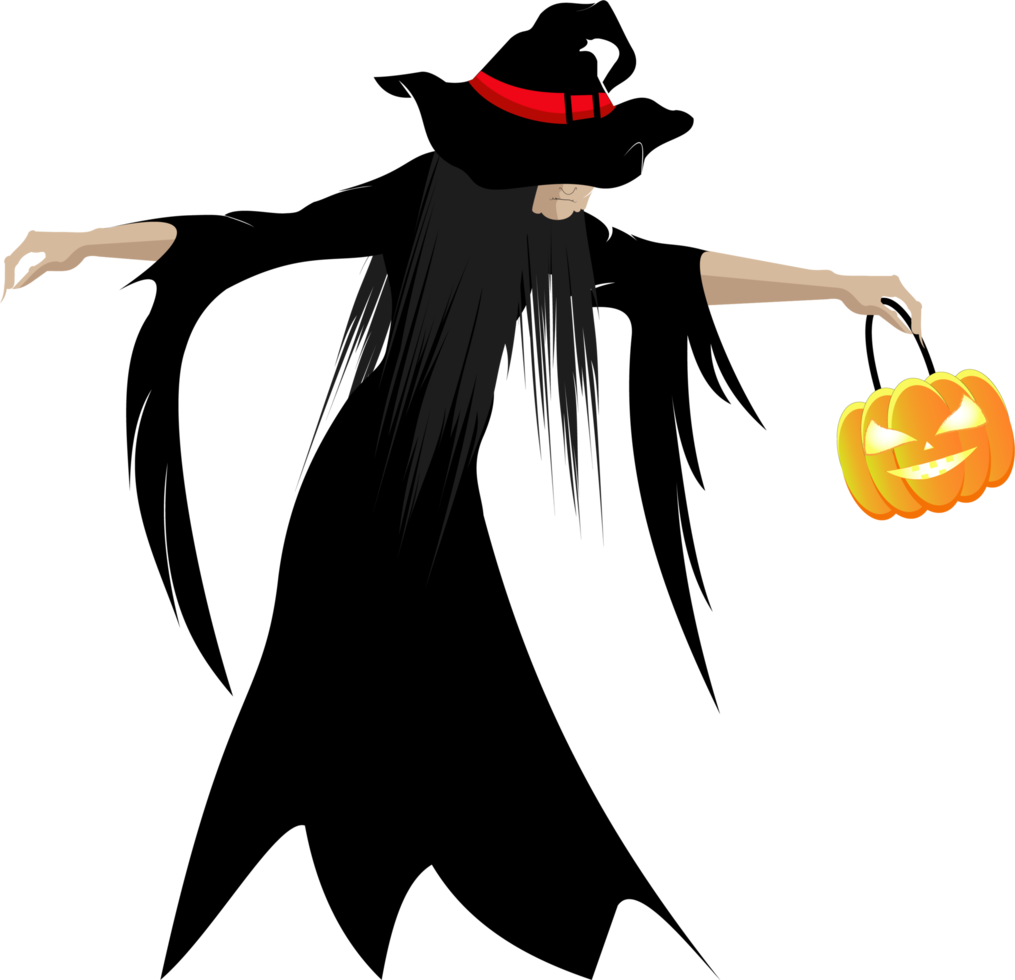 Wicked witch wears black dress and hat with orange belt and holds in her hand a luminous lantern in the shape of a pumpkin png