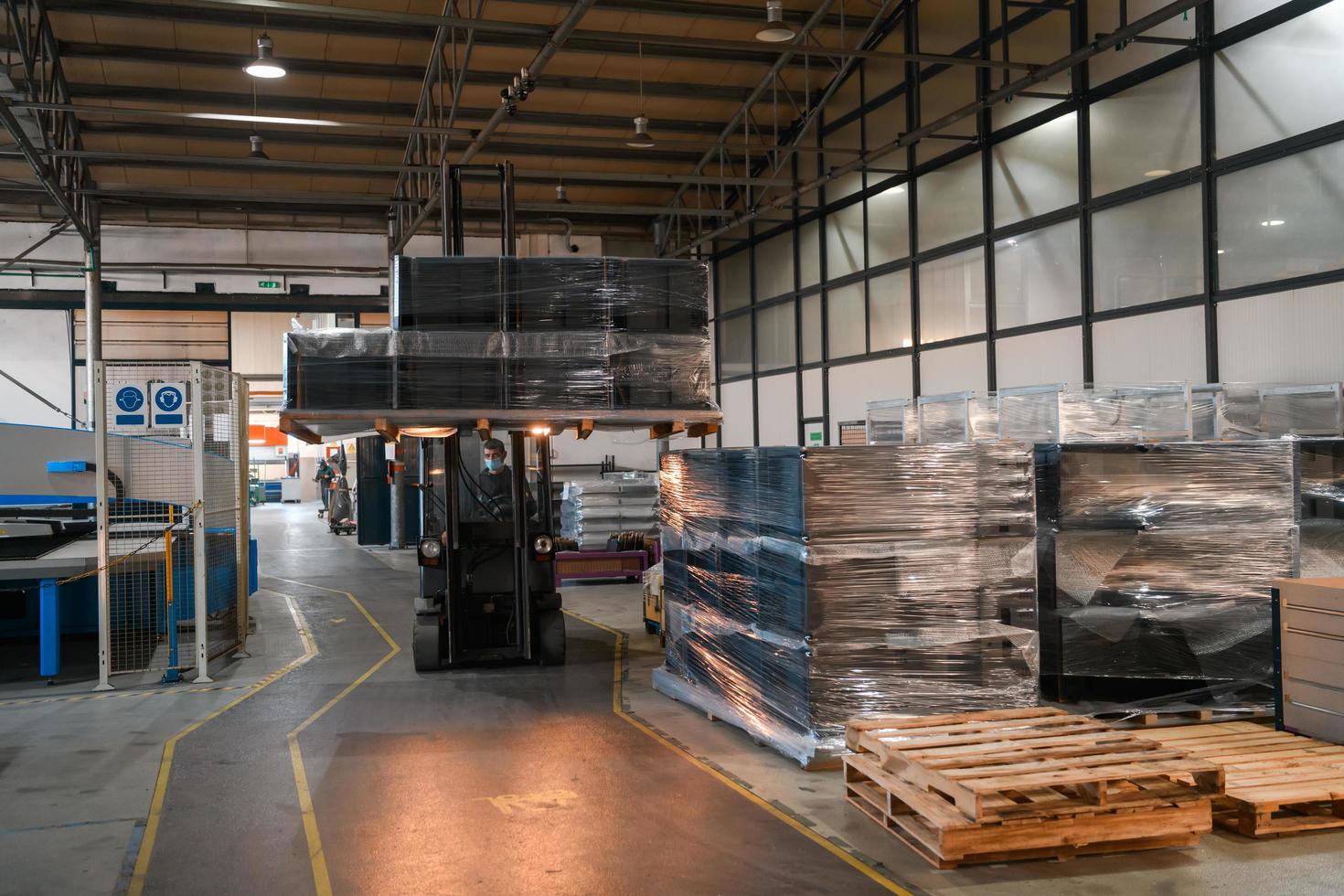 Turkey, 2022 - Forklift loader in storage warehouse ship yard. Distribution products. Delivery. Logistics. Transportation. Business background photo