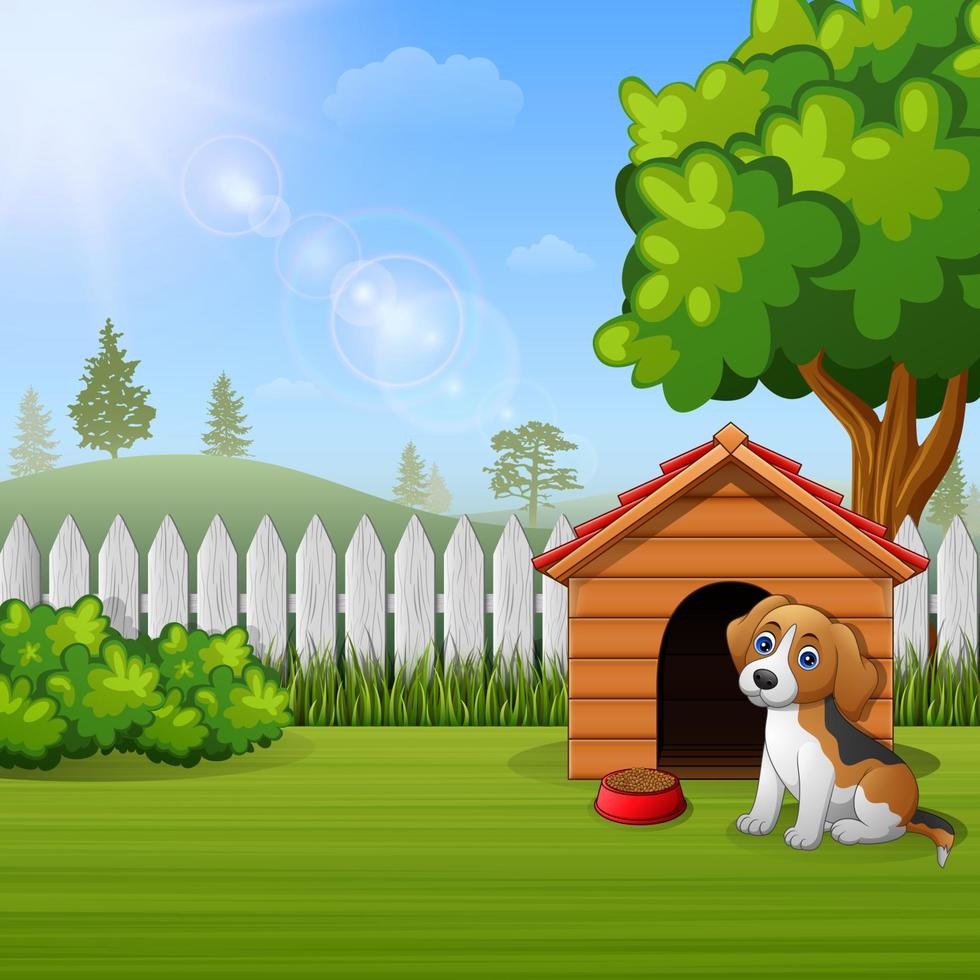 Cute dog sitting in front of a kennel in a garden vector